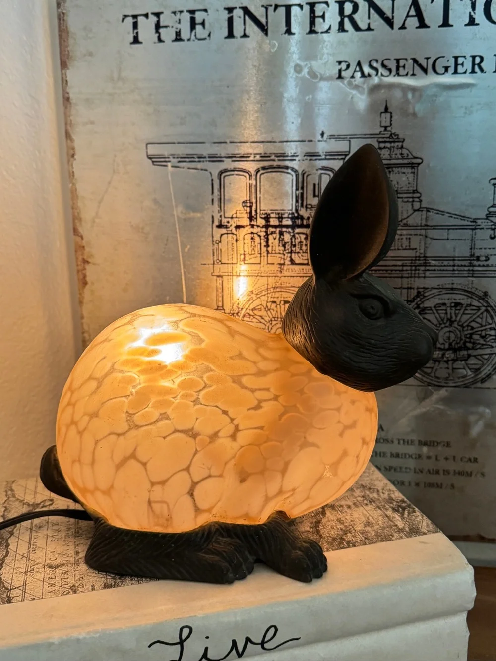 Vintage Andrea by Sadek Tin Chi Rabbit Lamp Glass & Brass Pink Spotted Bunny